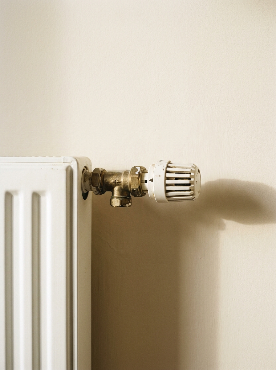 A detail of a thermostatic radiator valve on a cream wall