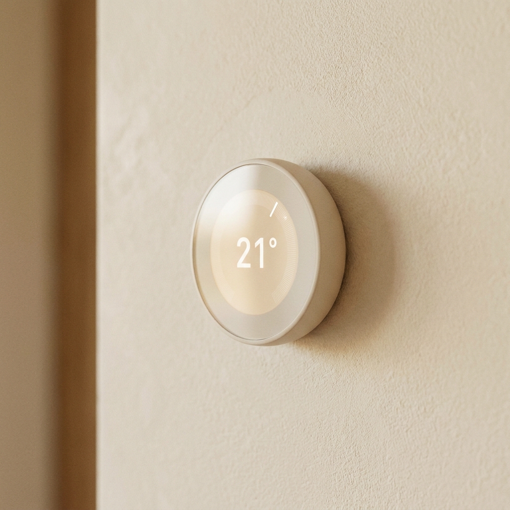 A modern thermostat on a cream wall