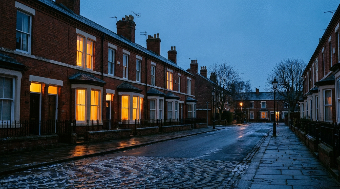 A quiet residential street at dusk with warm glowing windows